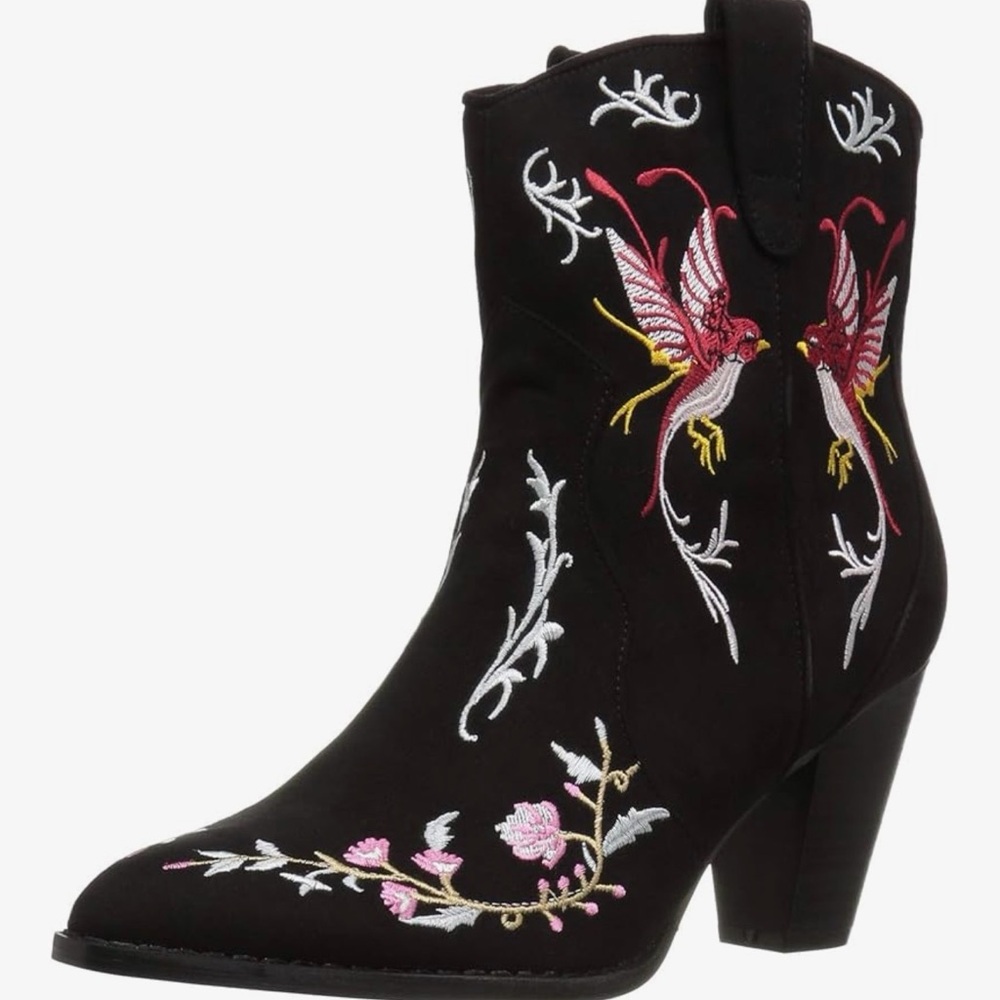 Embroidered Black Ankle Boot with  Floral & Bird Detail Penny love Kenny brand